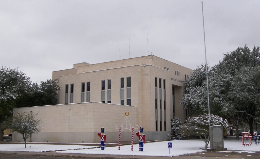 Front view of the Ward County Courthouse, a historic government building