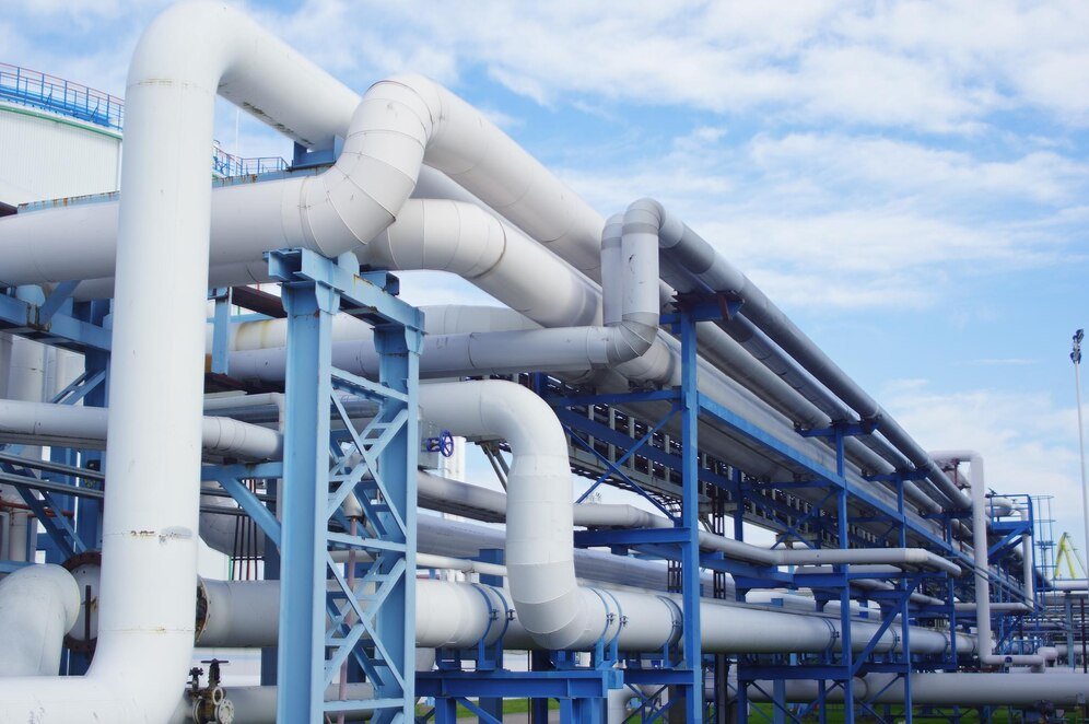 Close-up view of large interconnected industrial pipelines at a processing plant under a clear blue sky.