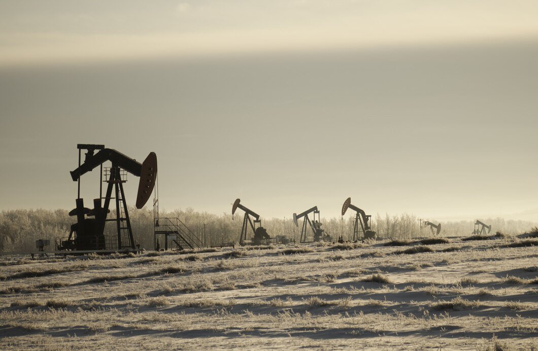 A row of oil pumpjacks operating in a snow-covered oil field under a cloudy sky.