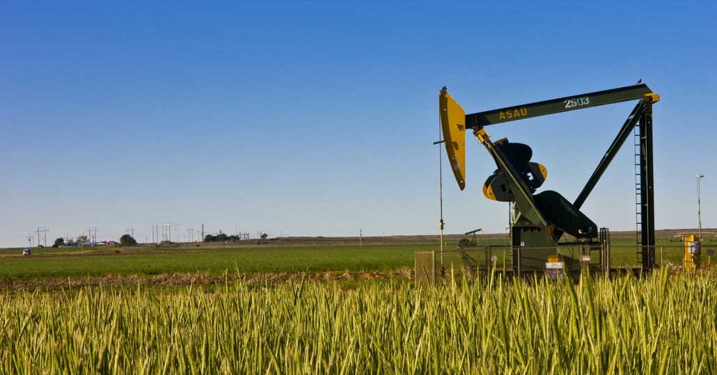An oil pumpjack operating in the middle of a lush green field under a clear blue sky.