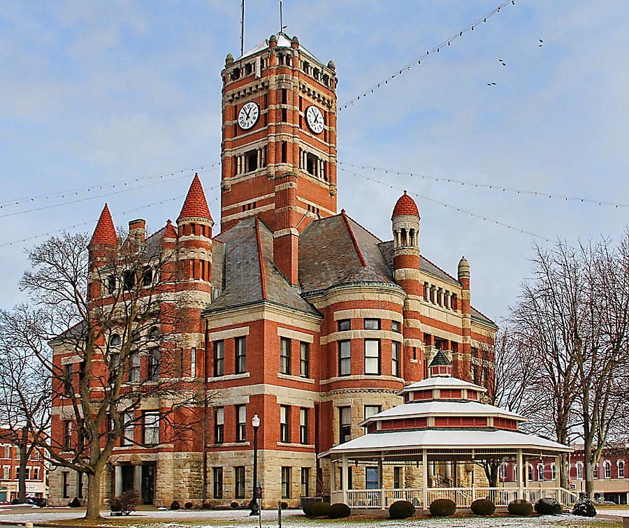 Williams County Courthouse in Ohio, featuring a historic brick facade and clock tower