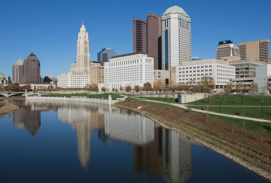 Skyline of Columbus, Ohio, featuring modern high-rise buildings.