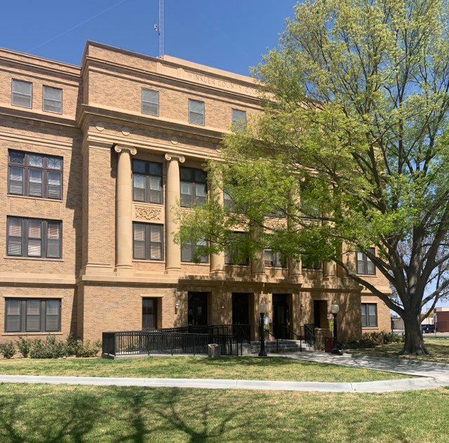 Front view of Winkler County Courthouse, a classic government building with neoclassical design.