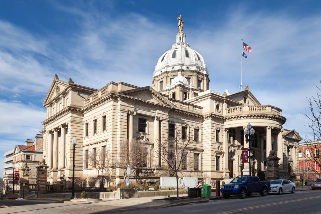 Historic Washington County Courthouse in Pennsylvania, with a grand dome and neoclassical architecture.