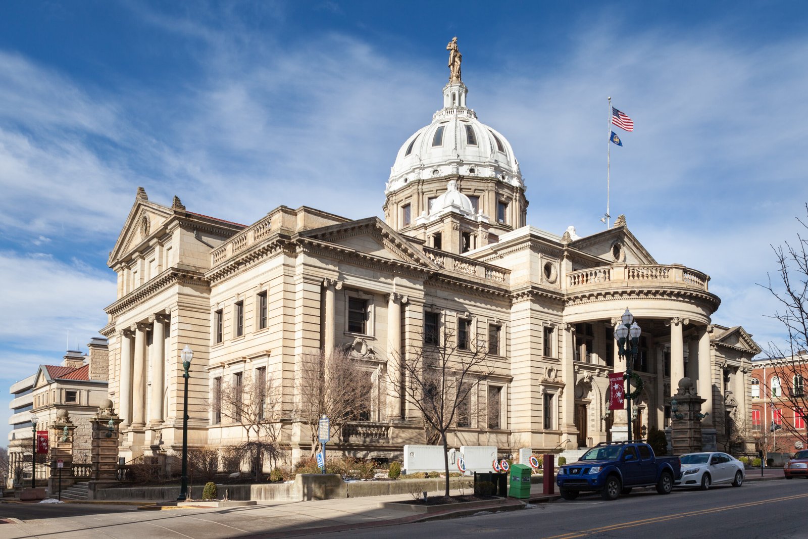 Historic Washington County Courthouse in Pennsylvania, with a grand dome and neoclassical architecture.